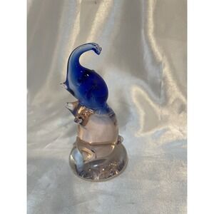 Vtg Hand Blown Art Glass Blue To Clear Elephant Figurine Paperweight Trunk Up